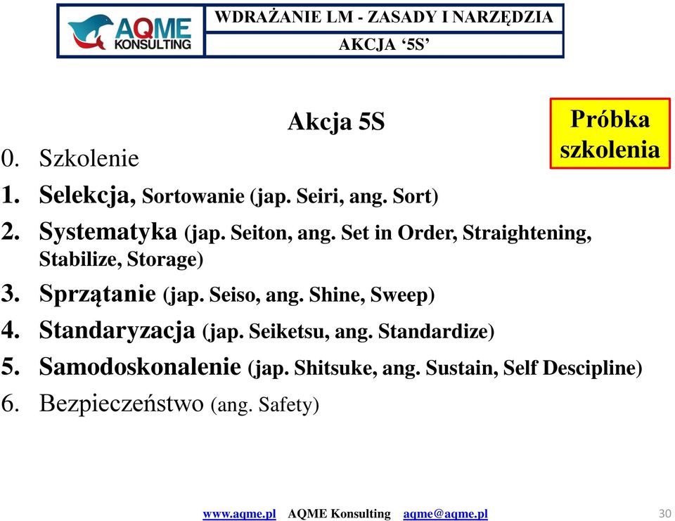 Sprzątanie (jap. Seiso, ang. Shine, Sweep) 4. Standaryzacja (jap. Seiketsu, ang.