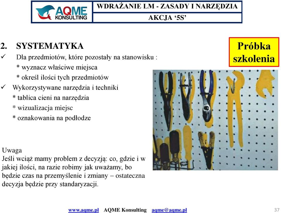 przedmiotów Wykorzystywane narzędzia i techniki * tablica cieni na narzędzia * wizualizacja miejsc *