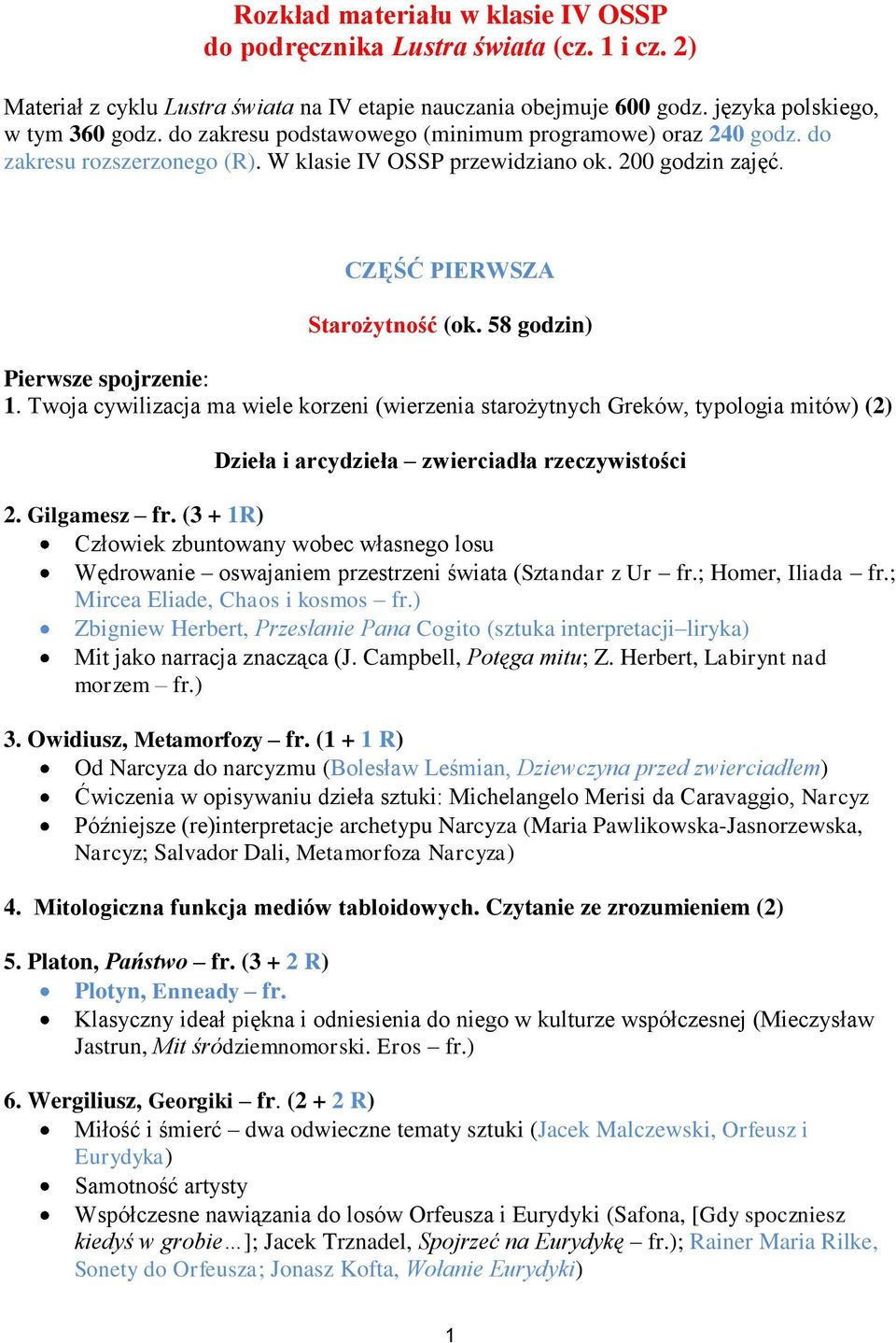 58 godzin) Pierwsze spojrzenie: 1. Twoja cywilizacja ma wiele korzeni (wierzenia starożytnych Greków, typologia mitów) (2) Dzieła i arcydzieła zwierciadła rzeczywistości 2. Gilgamesz fr.