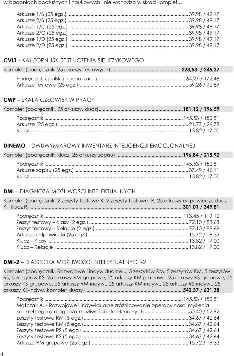 .. 223,53 / 245,37 Podręcznik z polską normalizacją... 164,27 / 172,48 Arkusze testowe (25 egz.)... 59,26 / 72,89 CWP SKALA CZŁOWIEK W PRACY Komplet (podręcznik, 25 arkuszy, klucz).