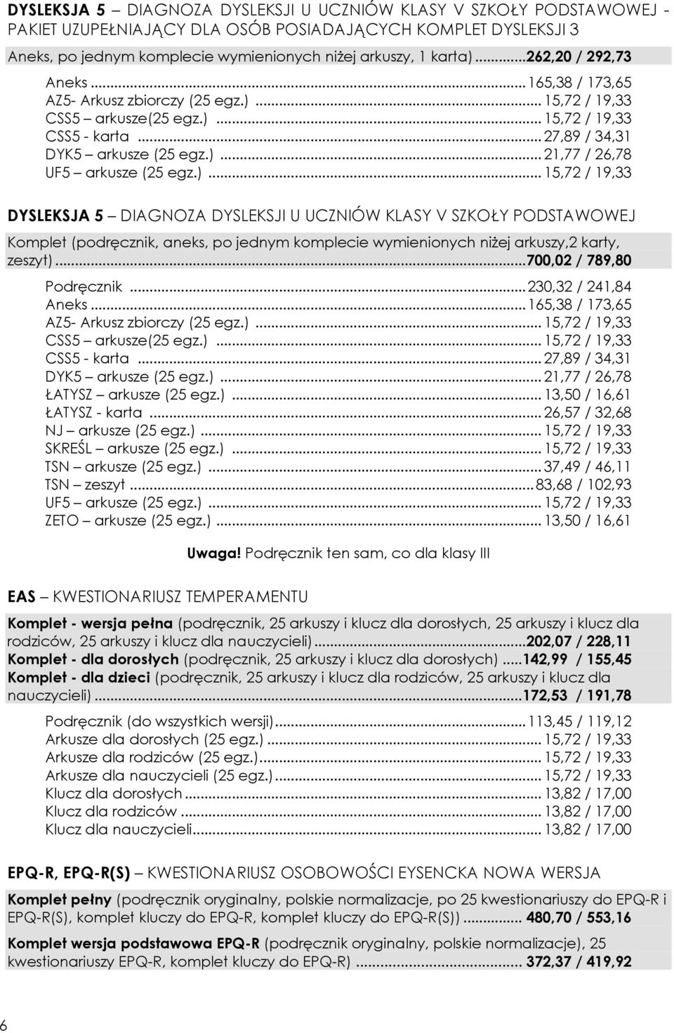 )... 15,72 / 19,33 DYSLEKSJA 5 DIAGNOZA DYSLEKSJI U UCZNIÓW KLASY V SZKOŁY PODSTAWOWEJ Komplet (podręcznik, aneks, po jednym komplecie wymienionych niżej arkuszy,2 karty, zeszyt).