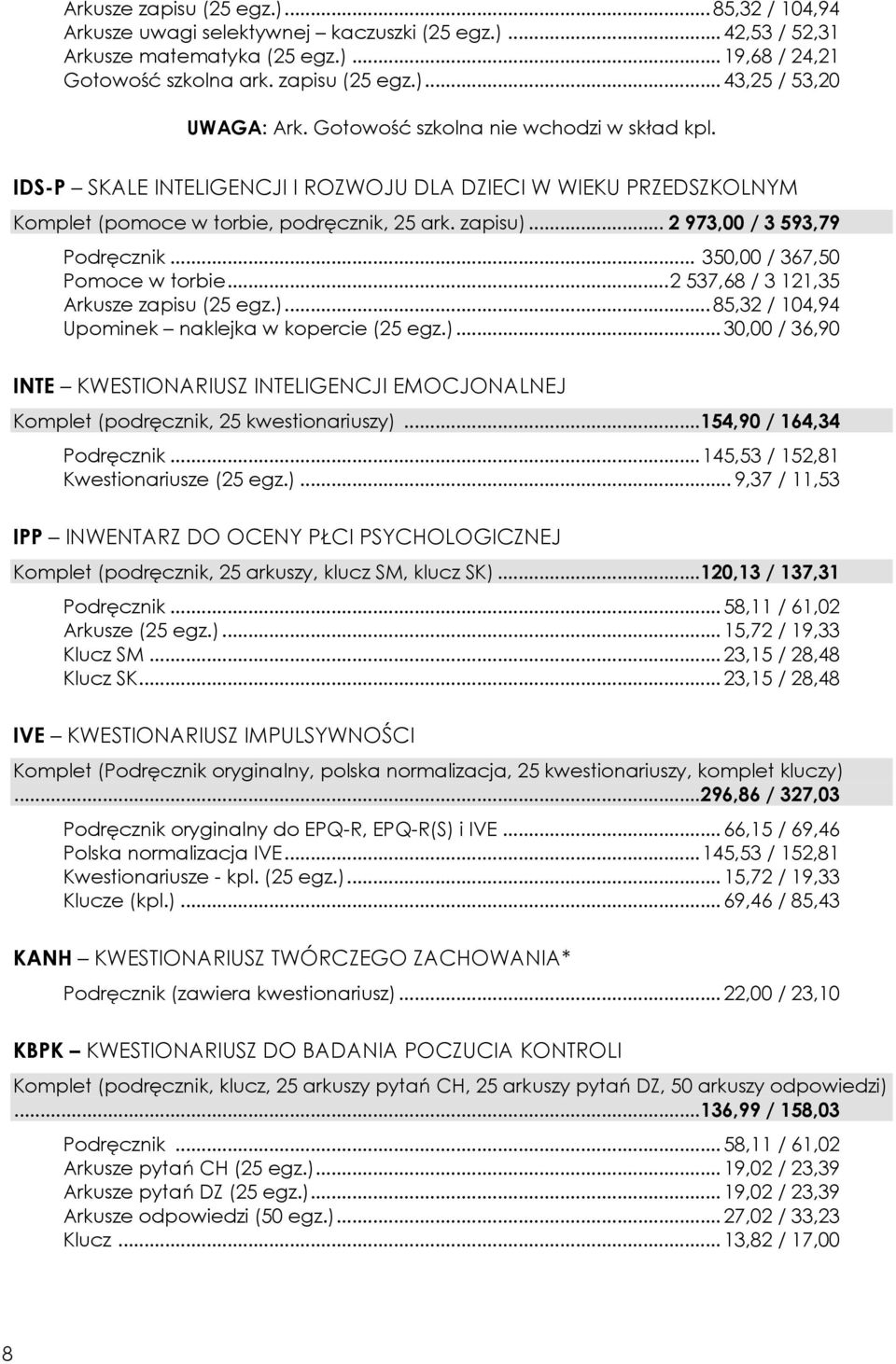 .. 350,00 / 367,50 Pomoce w torbie... 2 537,68 / 3 121,35 Arkusze zapisu (25 egz.)... 85,32 / 104,94 Upominek naklejka w kopercie (25 egz.)... 30,00 / 36,90 INTE KWESTIONARIUSZ INTELIGENCJI EMOCJONALNEJ Komplet (podręcznik, 25 kwestionariuszy).
