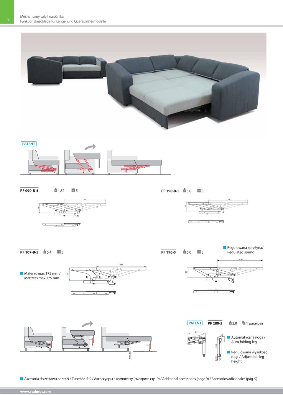 para/pair 214 ~230 0 50 68 Automatyczna noga / Auto folding leg Regulowana wysokość nogi / Adjustable leg height Akcesoria do zestawu na