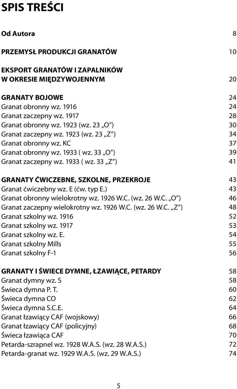 E (ćw. typ E.) Granat obronny wielokrotny wz. 1926 W.C. (wz. 26 W.C. O ) Granat zaczepny wielokrotny wz. 1926 W.C. (wz. 26 W.C. Z ) Granat szkolny wz. 1916 Granat szkolny wz. 1917 Granat szkolny wz.