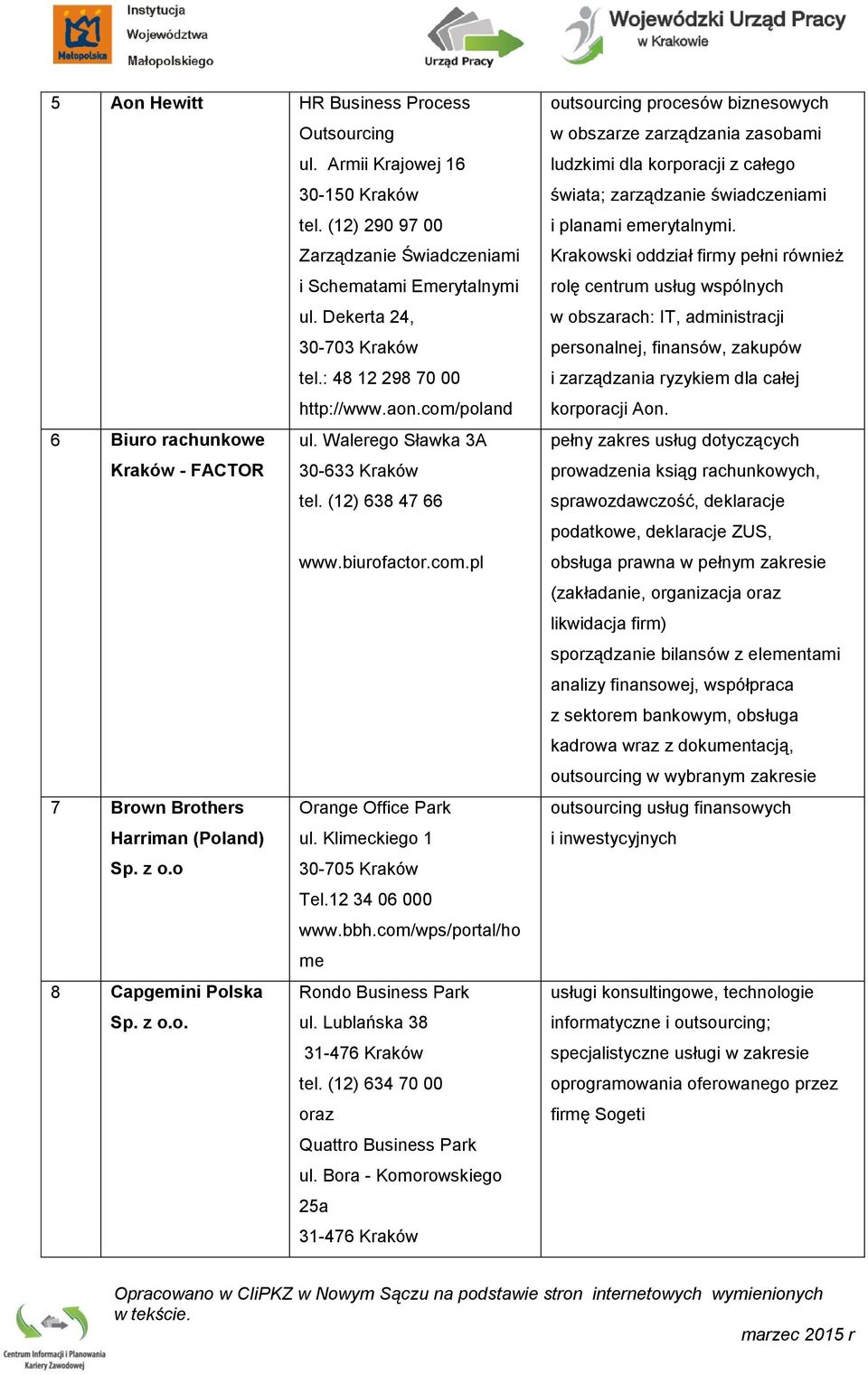 Klimeckiego 1 Sp. z o.o 30-705 Kraków Tel.12 34 06 000 www.bbh.com/wps/portal/ho me 8 Capgemini Polska Rondo Business Park Sp. z o.o. ul. Lublańska 38 31-476 Kraków tel.