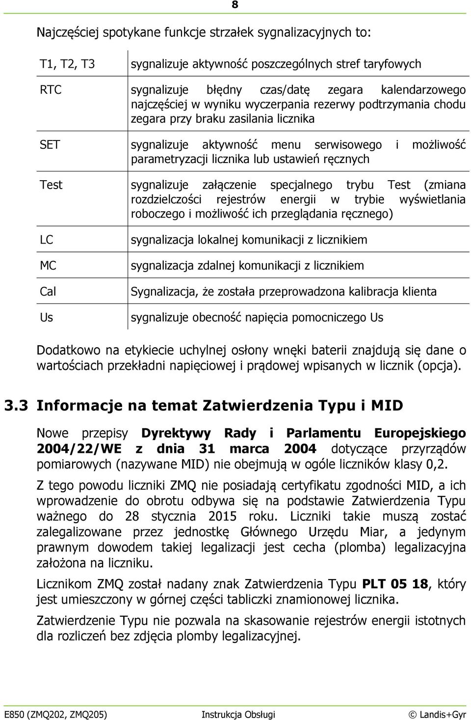 sygnalizuje załączenie specjalnego trybu Test (zmiana rozdzielczości rejestrów energii w trybie wyświetlania roboczego i możliwość ich przeglądania ręcznego) LC MC Cal Us sygnalizacja lokalnej