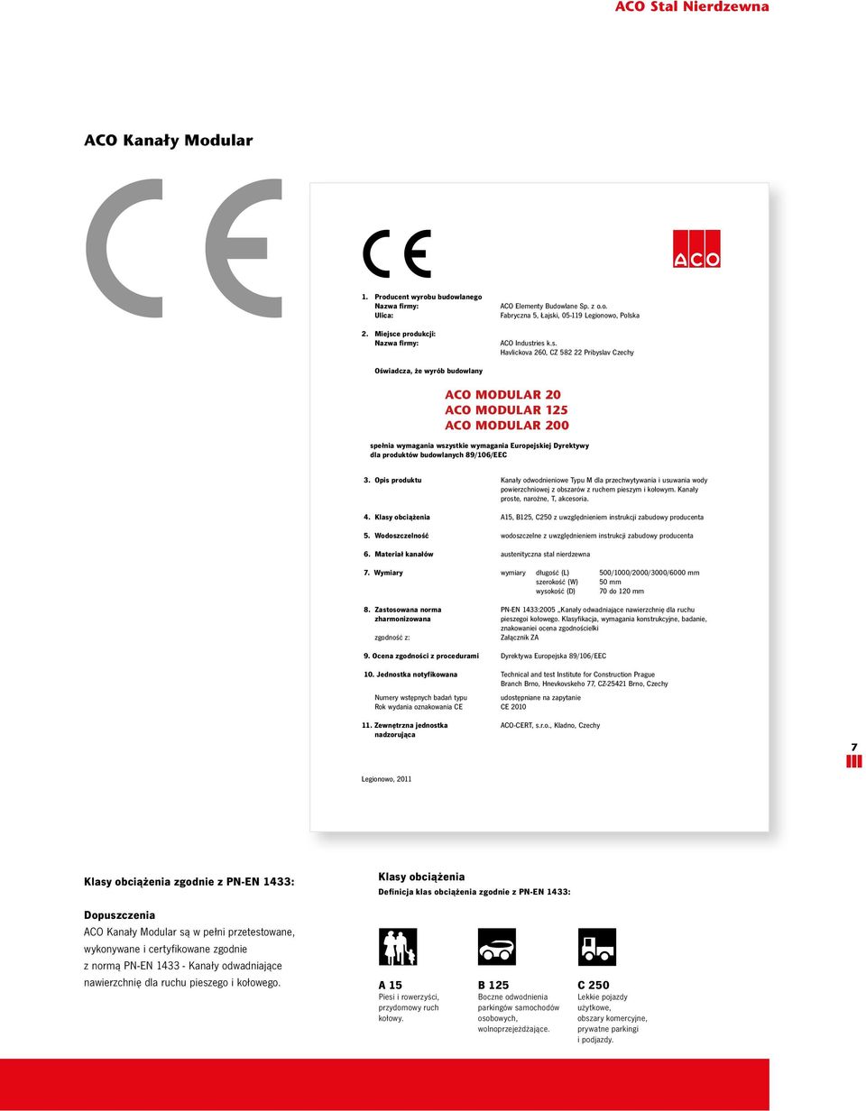 budowlanych 89/106/EEC. Opis produktu 4. Klasy obciążenia 5. Wodoszczelność 6. Materiał kanałów 7. Wymiary 8. Zastosowana norma zharmonizowana zgodność z: 9. Ocena zgodności z procedurami 10.