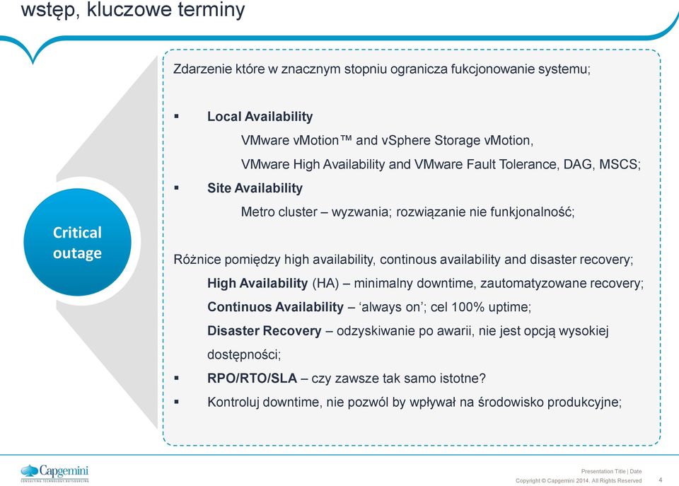 availability, continous availability and disaster recovery; High Availability (HA) minimalny downtime, zautomatyzowane recovery; Continuos Availability always on ; cel 100%