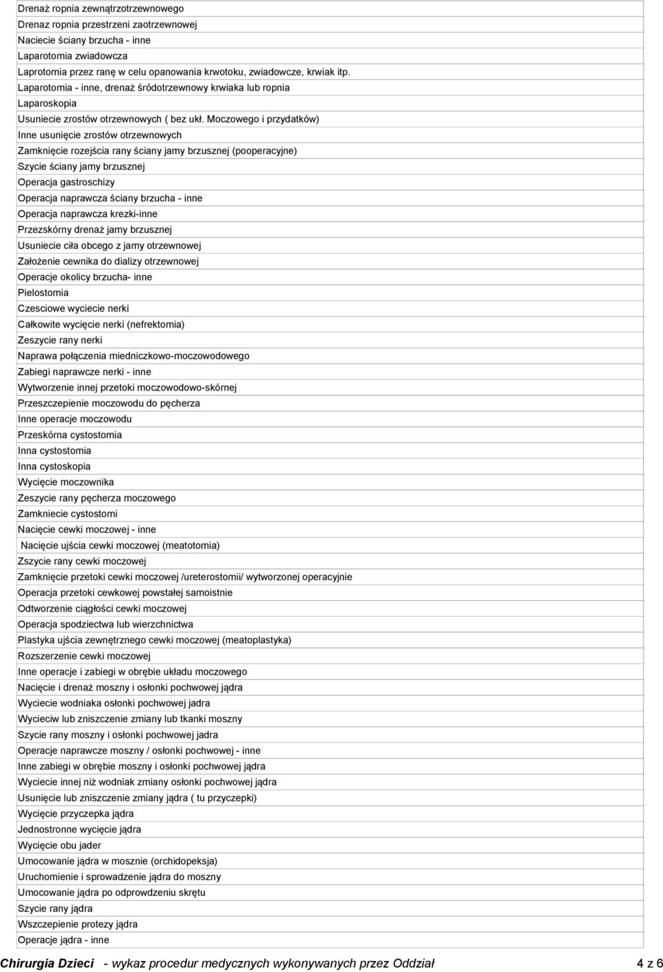 Moczowego i przydatków) Inne usunięcie zrostów otrzewnowych Zamknięcie rozejścia rany ściany jamy brzusznej (pooperacyjne) Szycie ściany jamy brzusznej Operacja gastroschizy Operacja naprawcza ściany