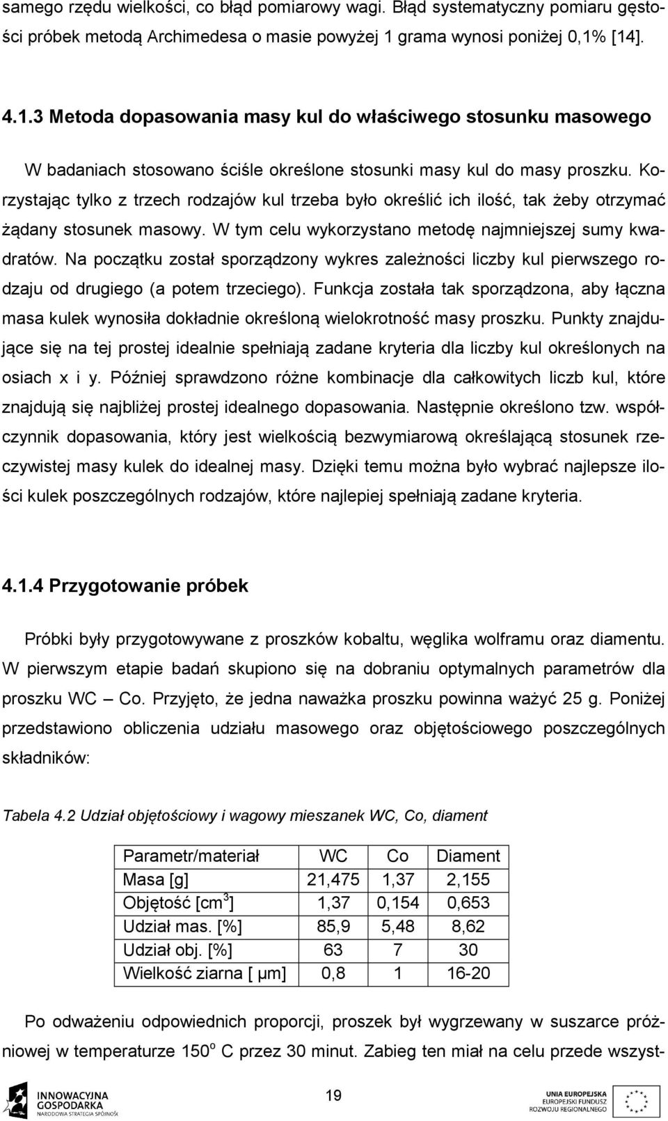 Korzystając tylko z trzech rodzajów kul trzeba było określić ich ilość, tak żeby otrzymać żądany stosunek masowy. W tym celu wykorzystano metodę najmniejszej sumy kwadratów.