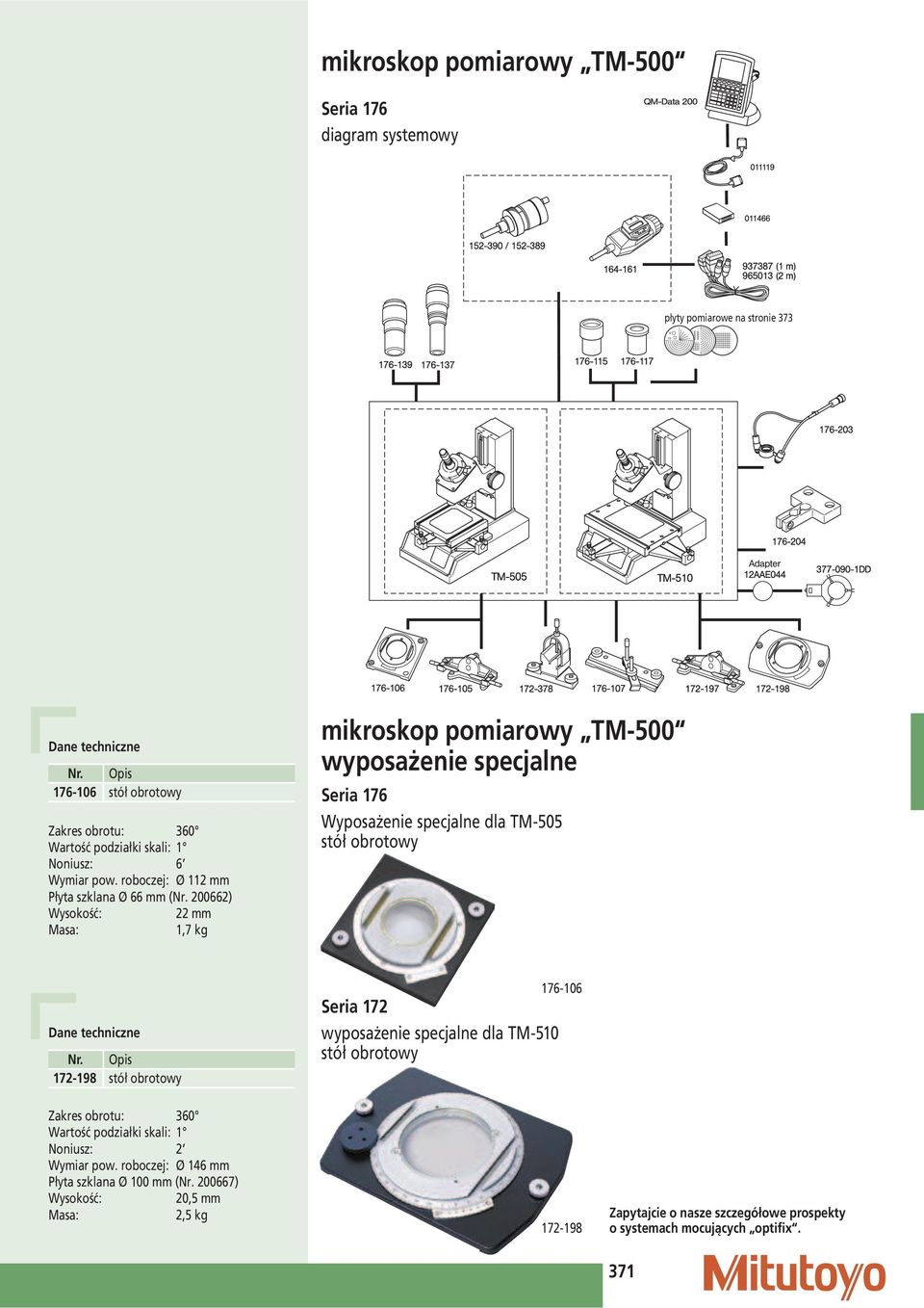 200662) Wysokość: 22 Masa: 1,7 kg mikroskop pomiarowy TM-500 wyposażenie specjalne Seria 176 Wyposażenie specjalne dla TM-505 stół obrotowy 172-198 stół obrotowy