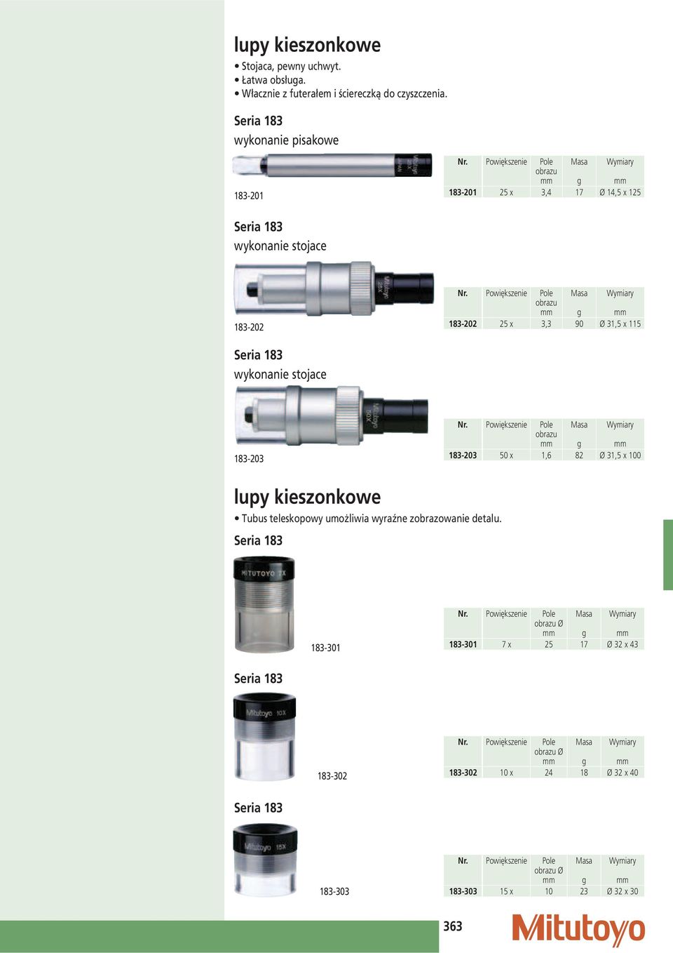 Powiększenie Pole obrazu Masa g Wymiary 183-202 25 x 3,3 90 Ø 31,5 x 115 Seria 183 wykonanie stojace 183-203 Nr.