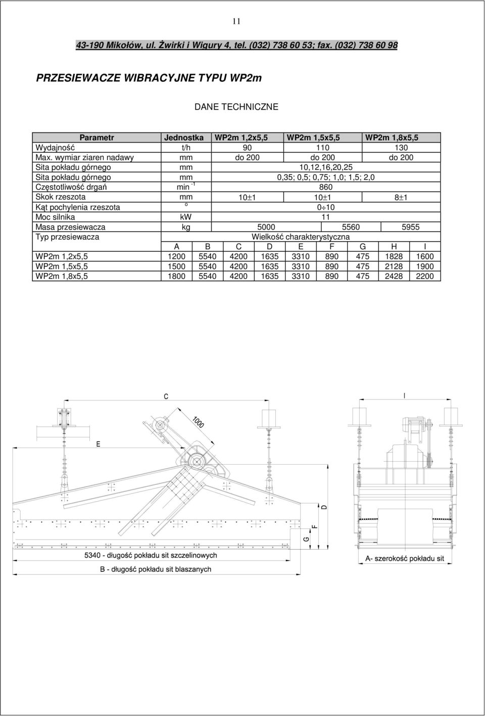 min -1 860 Skok rzeszota mm 10±1 10±1 8±1 Kąt pochylenia rzeszota o 0 10 Moc silnika kw 11 Masa przesiewacza kg 5000 5560 5955 Typ przesiewacza Wielkość