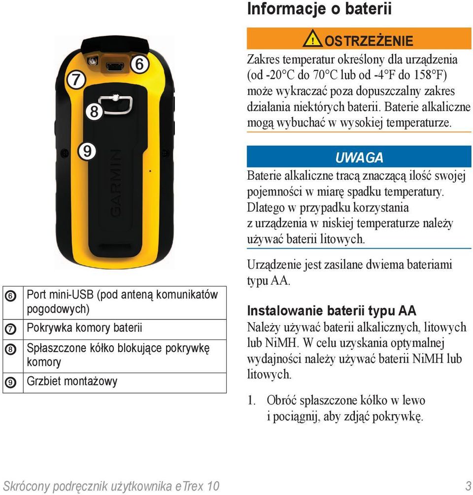 Baterie alkaliczne mogą wybuchać w wysokiej temperaturze. uwaga Baterie alkaliczne tracą znaczącą ilość swojej pojemności w miarę spadku temperatury.