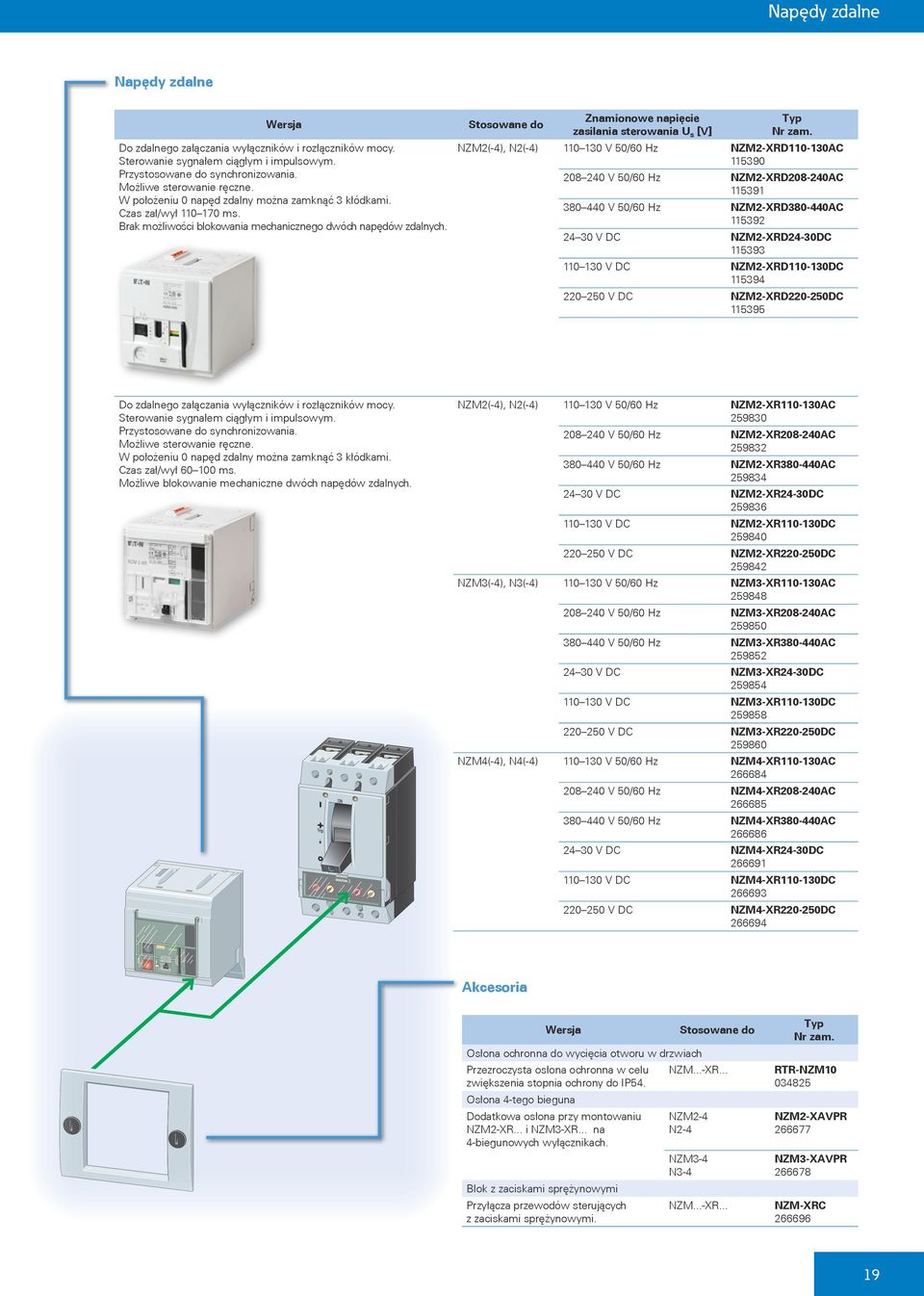 Znamionowe napięcie zasilania sterowania U s [V] NZM2(-4), N2(-4) 110130 V 50/60 Hz NZM2-XRD110-130AC 115390 208240 V 50/60 Hz NZM2-XRD208-240AC 115391 380440 V 50/60 Hz NZM2-XRD380-440AC 115392 2430