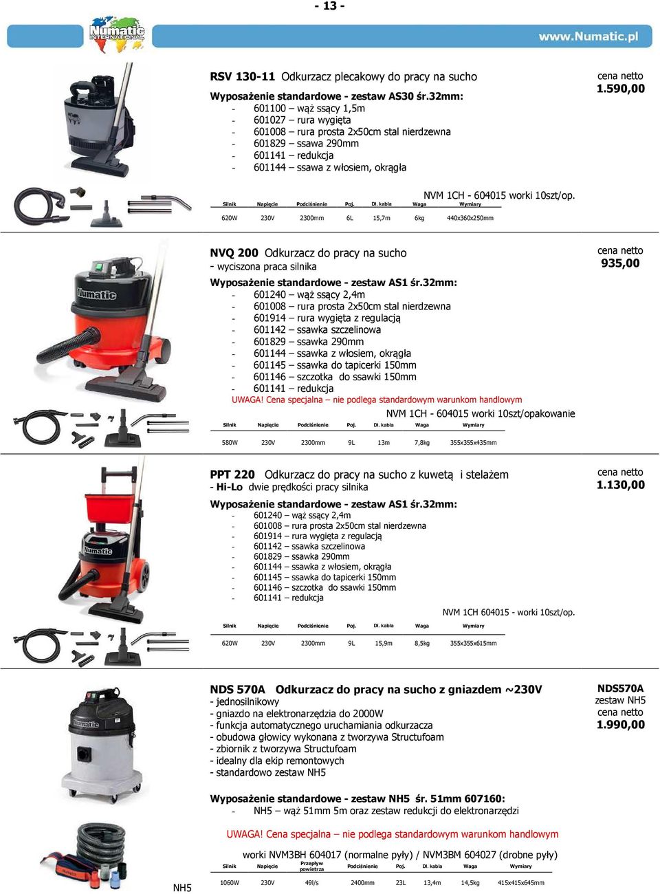 kabla Waga Wymiary 620W 230V 2300mm 6L 15,7m 6kg 440x360x250mm NVM 1CH - 604015 worki 10szt/op. NVQ 200 Odkurzacz do pracy na sucho - wyciszona praca silnika Wyposażenie standardowe - zestaw AS1 śr.