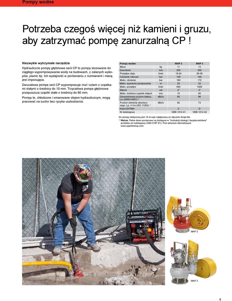 Ich wydajność w porównaniu z rozmiarami i masą jest imponująca. Dwucalowa pompa serii CP wypompowuje muł i szlam z cząstkami stałymi o średnicy do 10 mm.