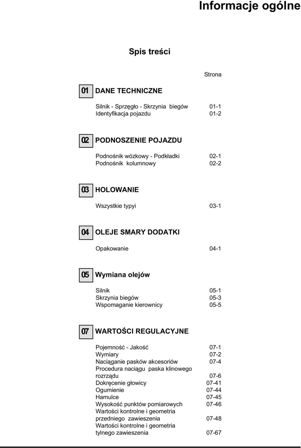 Wspomaganie kierownicy 05-5 07 Pojemność - Jakość 07-1 Wymiary 07-2 Naciąganie pasków akcesoriów 07-4 Procedura naciągu paska klinowego rozrządu 07-6 Dokręcenie głowicy