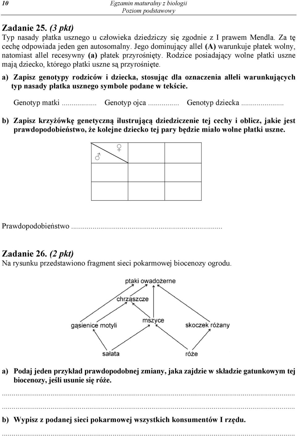 a) Zapisz genotypy rodziców i dziecka, stosując dla oznaczenia alleli warunkujących typ nasady płatka usznego symbole podane w tekście. Genotyp matki... Genotyp ojca... Genotyp dziecka.