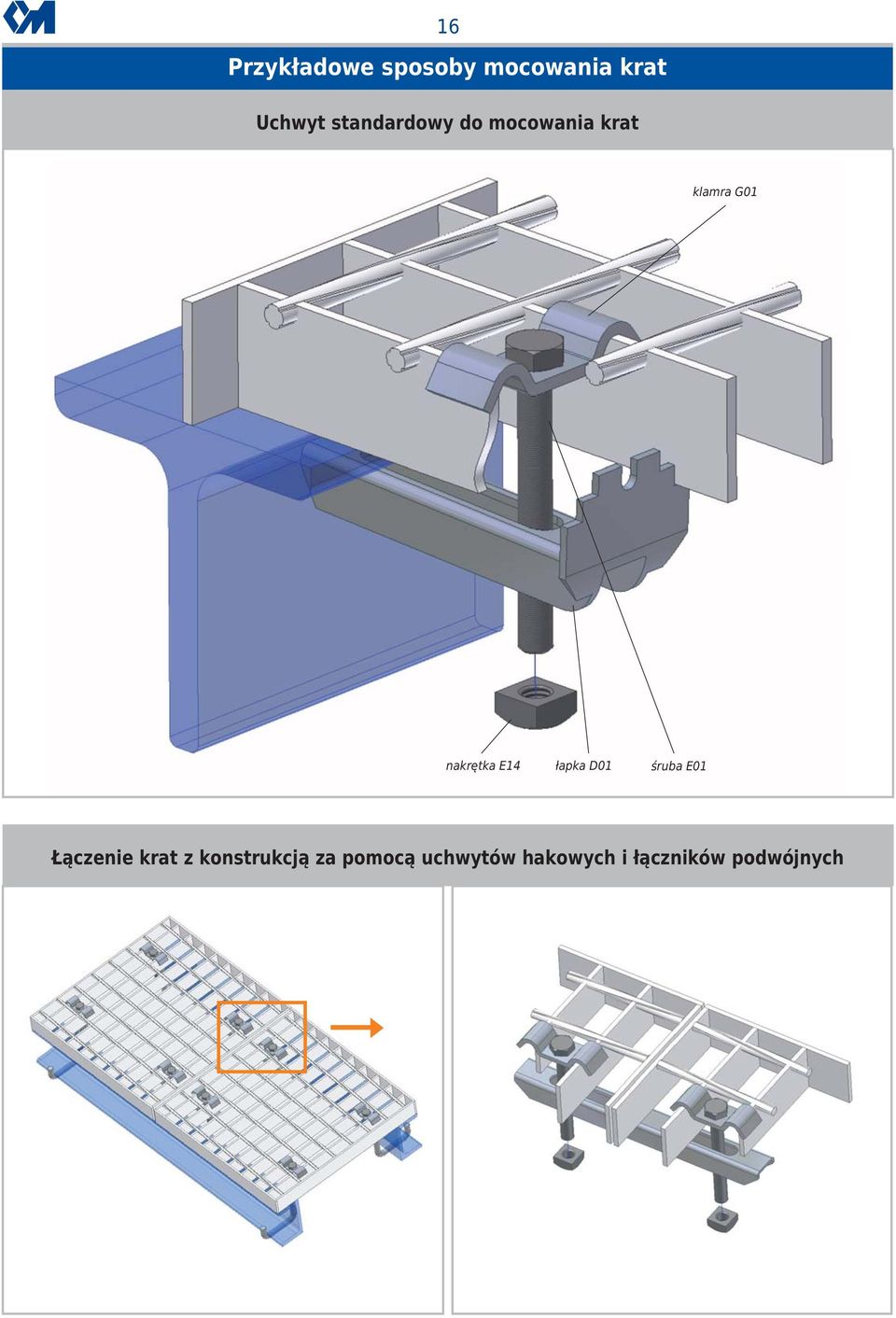 E14 łapka D01 śruba E01 Łączenie krat z