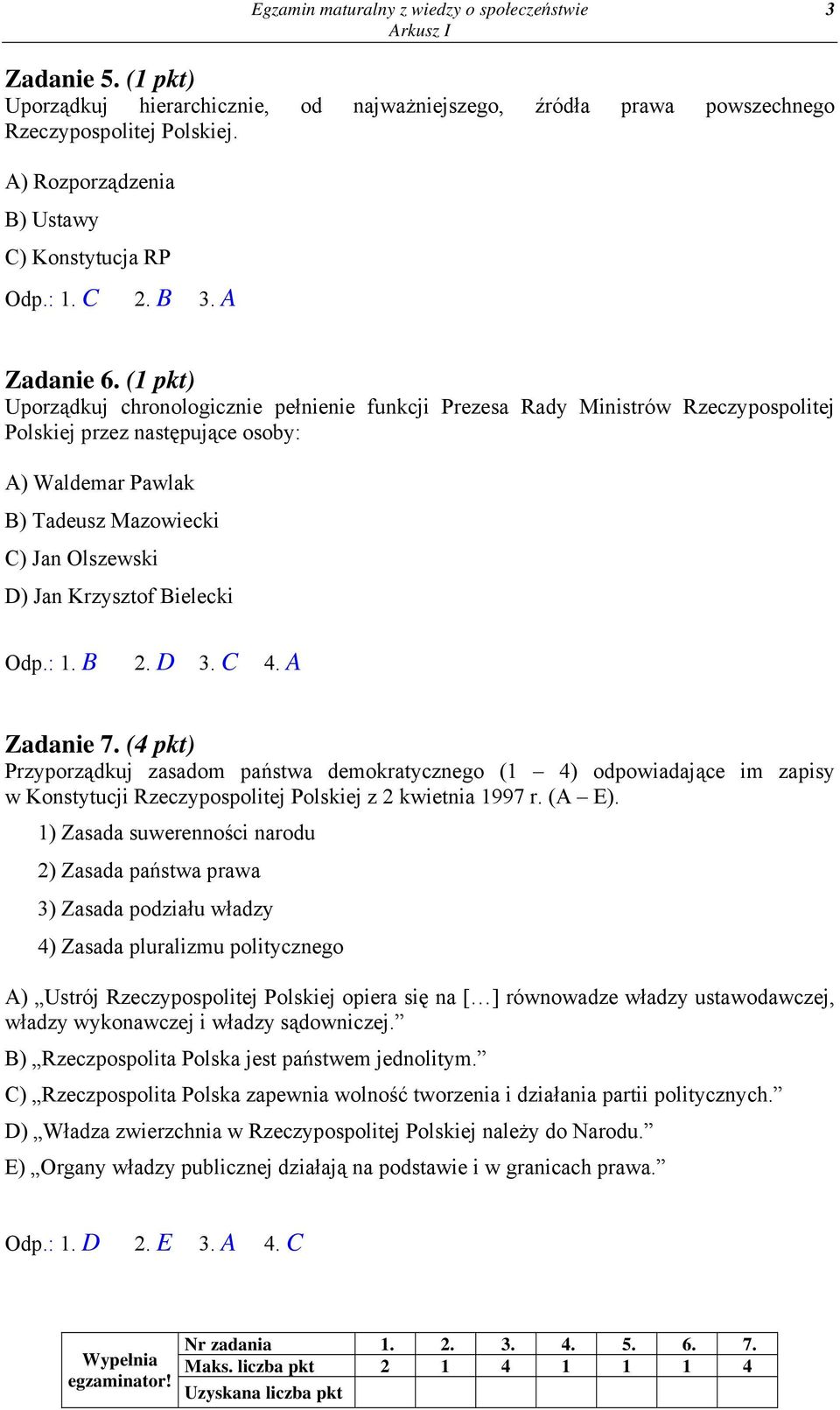 (1 pkt) Uporządkuj chronologicznie pełnienie funkcji Prezesa Rady Ministrów Rzeczypospolitej Polskiej przez następujące osoby: A) Waldemar Pawlak B) Tadeusz Mazowiecki C) Jan Olszewski D) Jan