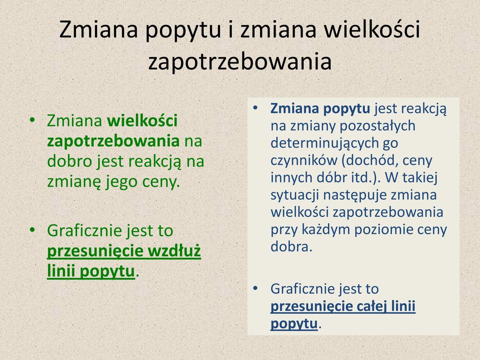 Zmiana popytu jest reakcją na zmiany pozostałych determinujących go czynników (dochód, ceny innych dóbr itd.