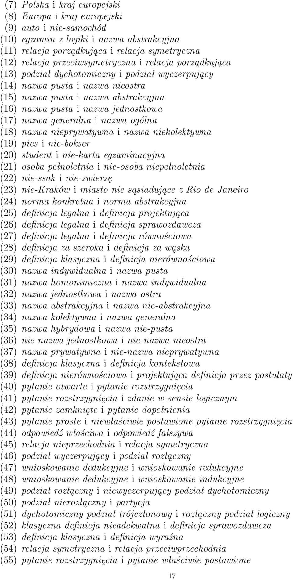 jednostkowa (17) nazwa generalna i nazwa ogólna (18) nazwa nieprywatywna i nazwa niekolektywna (19) pies i nie-bokser (20) student i nie-karta egzaminacyjna (21) osoba pełnoletnia i nie-osoba