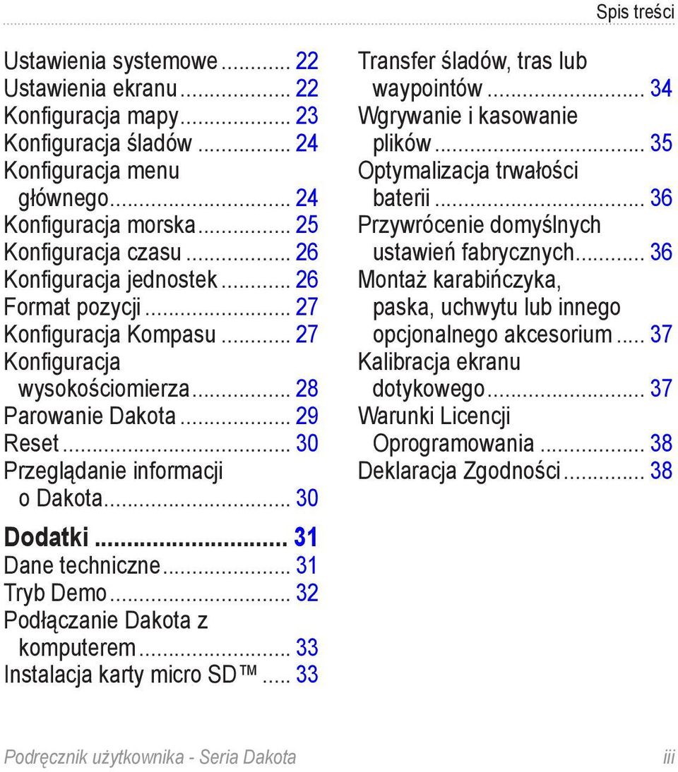 .. 31 Dane techniczne... 31 Tryb Demo... 32 Podłączanie Dakota z komputerem... 33 Instalacja karty micro SD... 33 Transfer śladów, tras lub waypointów... 34 Wgrywanie i kasowanie plików.