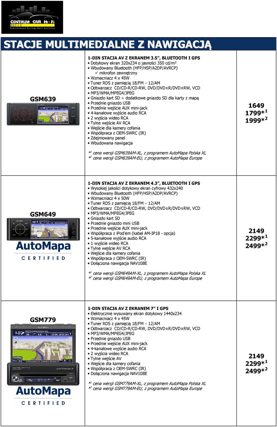 CD/CD-R/CD-RW, DVD/DVD±R/DVD±RW, VCD MP3/WMA/MPEG4/JPEG Gniazdo kart SD + dodatkowe gniazdo SD dla karty z mapą Przednie gniazdo USB 4-kanałowe wyjście audio RCA 2 wyjścia wideo RCA Tylne wejście AV