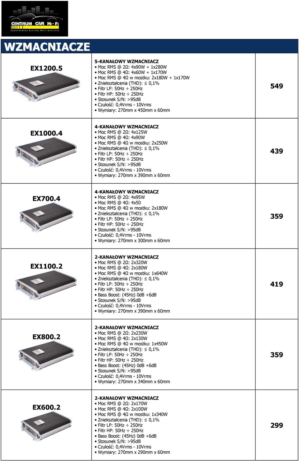 4 4-KANAŁOWY WZMACNIACZ Moc RMS @ 2Ω: 4x95W Moc RMS @ 4Ω: 4x50 Moc RMS @ 4Ω w mostku: 2x180W Wymiary: 270mm x 300mm x 60mm 359 EX1100.