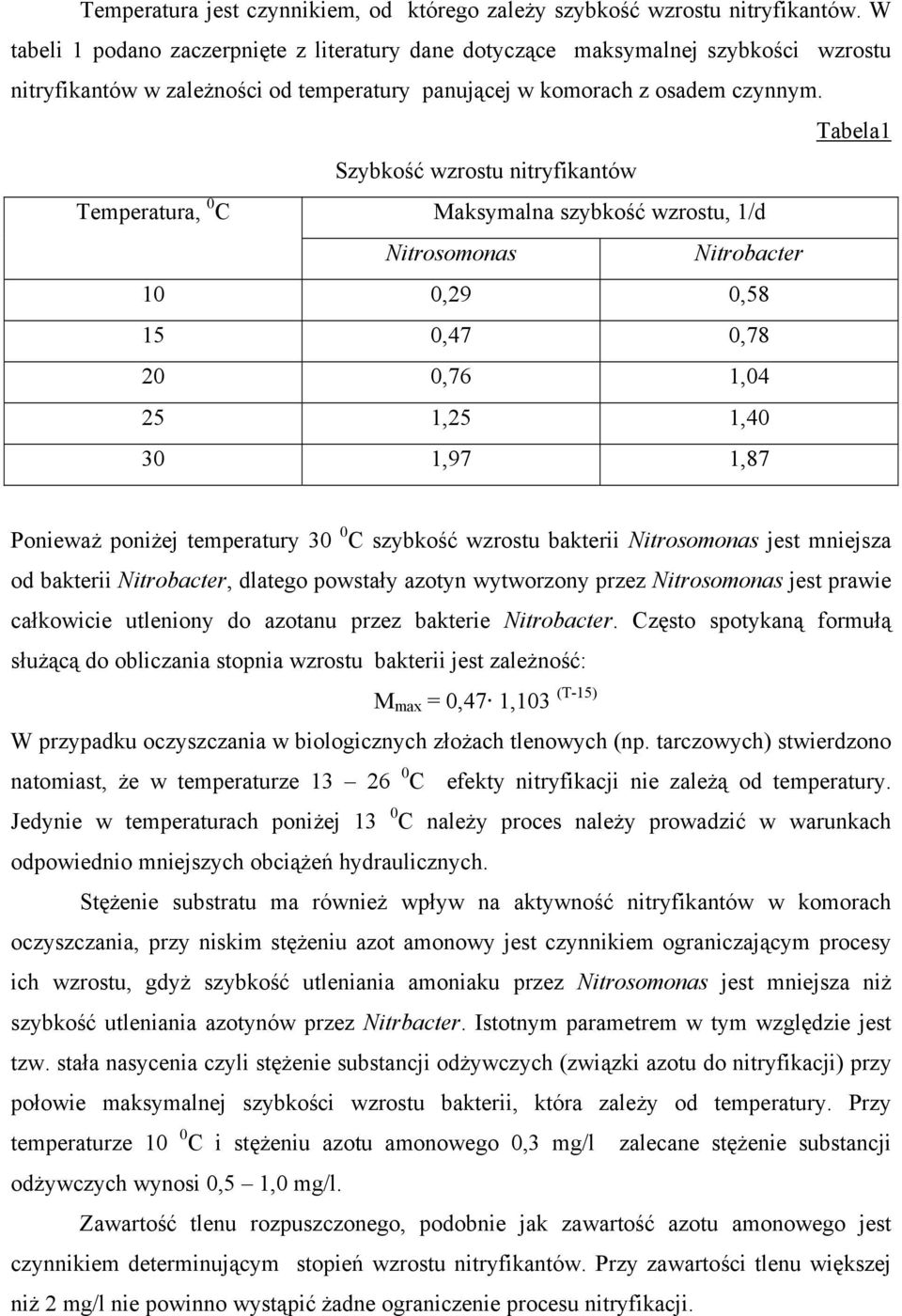 Tabela1 Szybkość wzrostu nitryfikantów Temperatura, 0 C Maksymalna szybkość wzrostu, 1/d Nitrosomonas Nitrobacter 10 0,29 0,58 15 0,47 0,78 20 0,76 1,04 25 1,25 1,40 30 1,97 1,87 Ponieważ poniżej