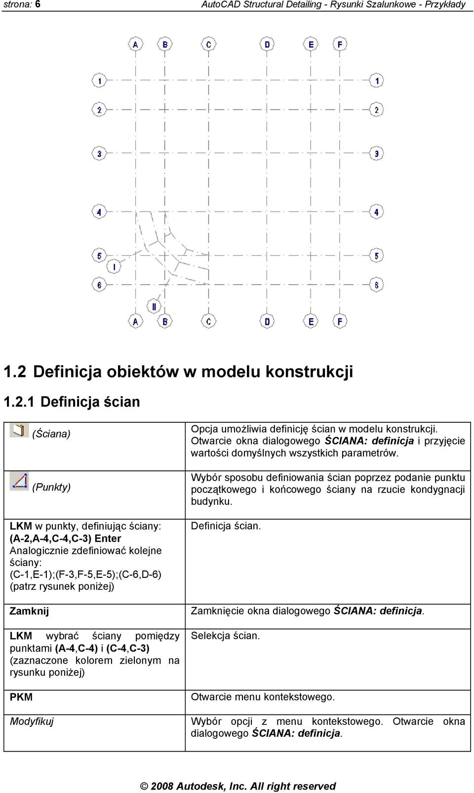 1 Definicja ścian (Ściana) (Punkty) LKM w punkty, definiując ściany: (A-2,A-4,C-4,C-3) Analogicznie zdefiniować kolejne ściany: (C-1,E-1);(F-3,F-5,E-5);(C-6,D-6) (patrz rysunek poniżej) Zamknij LKM