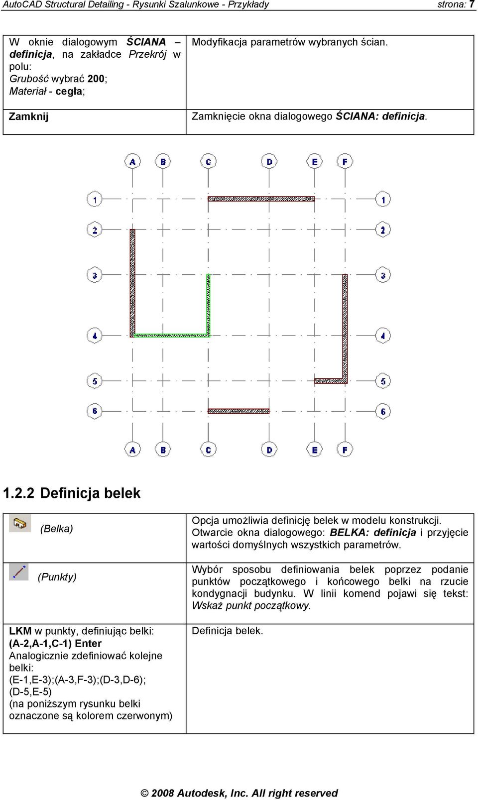 2 Definicja belek (Belka) (Punkty) LKM w punkty, definiując belki: (A-2,A-1,C-1) Analogicznie zdefiniować kolejne belki: (E-1,E-3);(A-3,F-3);(D-3,D-6); (D-5,E-5) (na poniższym rysunku belki oznaczone