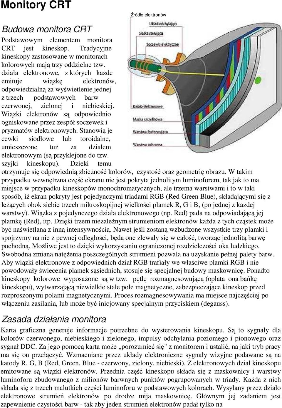 Wiązki elektronów są odpowiednio ogniskowane przez zespół soczewek i pryzmatów elektronowych. Stanowią je cewki siodłowe lub toroidalne, umieszczone tuż za działem elektronowym (są przyklejone do tzw.