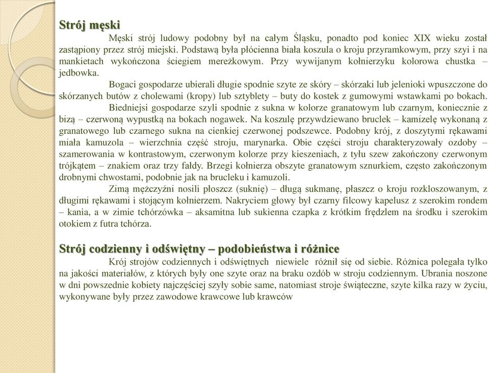Bogaci gospodarze ubierali długie spodnie szyte ze skóry skórzaki lub jelenioki wpuszczone do skórzanych butów z cholewami (kropy) lub sztyblety buty do kostek z gumowymi wstawkami po bokach.