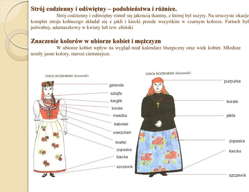 Na uroczyste okazje komplet stroju kobiecego składał się z jakli i kiecki przede wszystkim w czarnym kolorze.