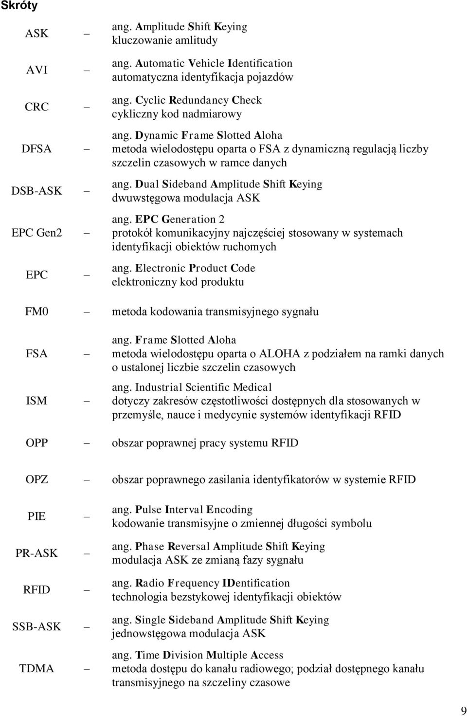 Dual Sideband Amplitude Shift Keying dwuwstęgowa modulacja ASK ang. EPC Generation 2 protokół komunikacyjny najczęściej stosowany w systemach identyfikacji obiektów ruchomych ang.