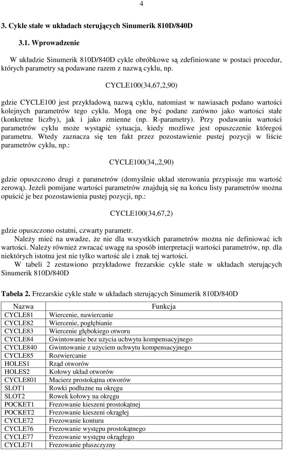 CYCLE100(34,67,2,90) gdzie CYCLE100 jest przykładową nazwą cyklu, natomiast w nawiasach podano wartości kolejnych parametrów tego cyklu.