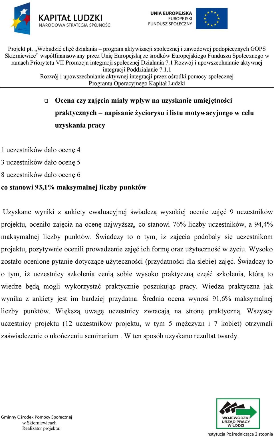 co stanowi 76% liczby uczestników, a 94,4% maksymalnej liczby punktów.