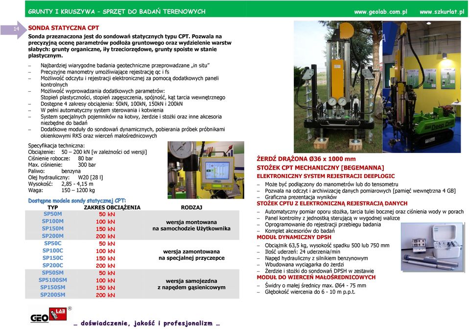 Najbardziej wiarygodne badania geotechniczne przeprowadzane in situ Precyzyjne manometry umożliwiające rejestrację qc i fs Możliwość odczytu i rejestracji elektronicznej za pomocą dodatkowych paneli