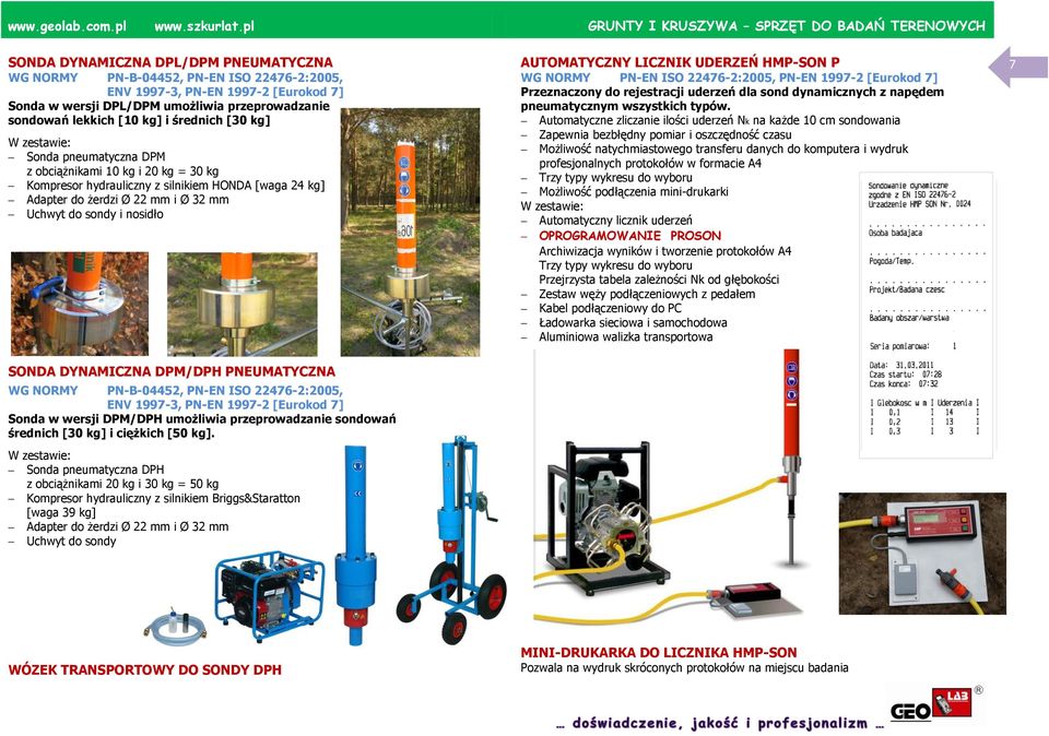 umożliwia przeprowadzanie sondowań lekkich [10 kg] i średnich [30 kg] Sonda pneumatyczna DPM z obciążnikami 10 kg i 20 kg = 30 kg Kompresor hydrauliczny z silnikiem HONDA [waga 24 kg] Adapter do