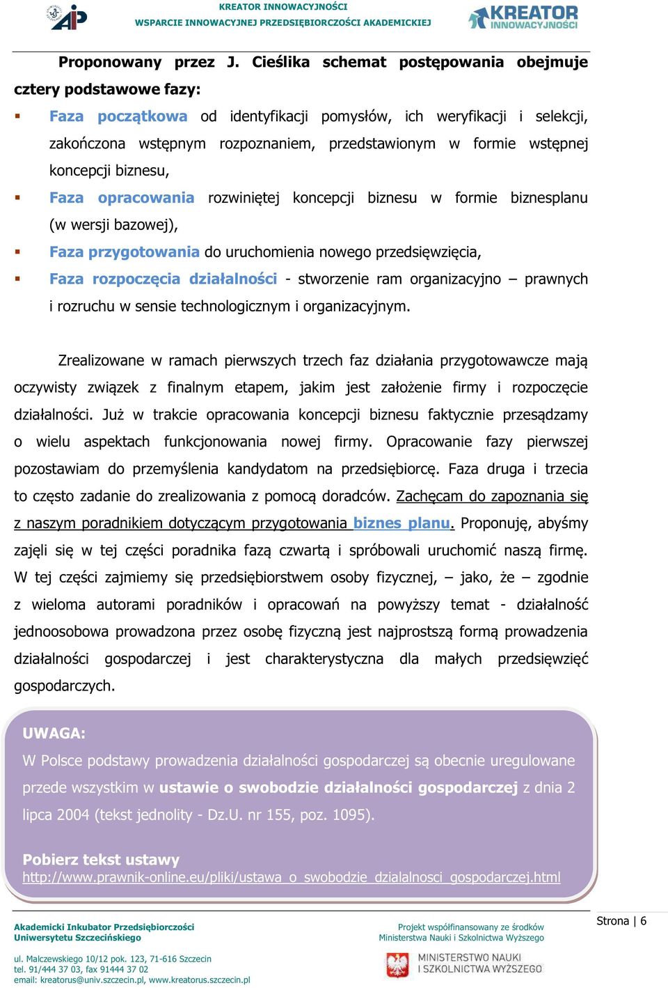 wstępnej koncepcji biznesu, Faza opracowania rozwiniętej koncepcji biznesu w formie biznesplanu (w wersji bazowej), Faza przygotowania do uruchomienia nowego przedsięwzięcia, Faza rozpoczęcia
