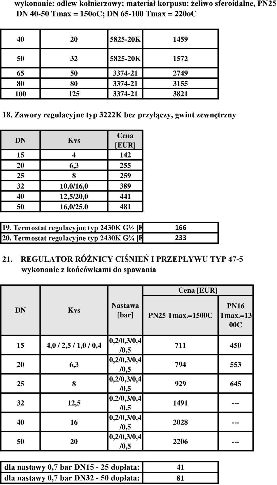 Termostat regulacyjne typ 430K G¾ 166 33 1. REGULATOR RÓŻNICY CIŚNIEŃ I PRZEPŁYWU TYP 47-5 wykonanie z końcówkami do spawania Nastawa PN5 Tmax.=1500C PN16 Tmax.