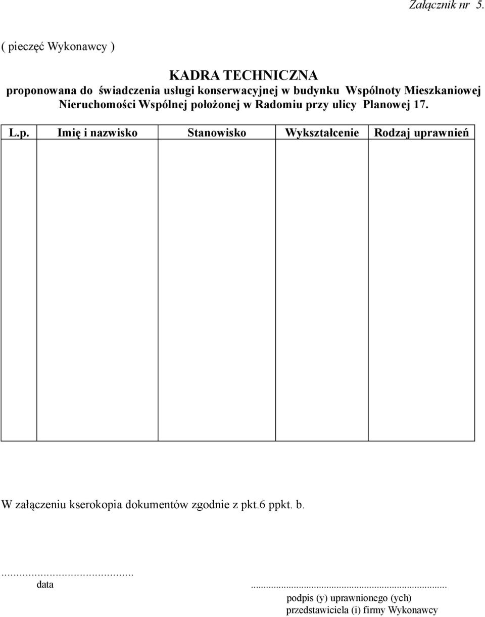 Wspólnoty Mieszkaniowej Nieruchomości Wspólnej położonej w Radomiu przy ulicy Planowej 17. L.p. Imię