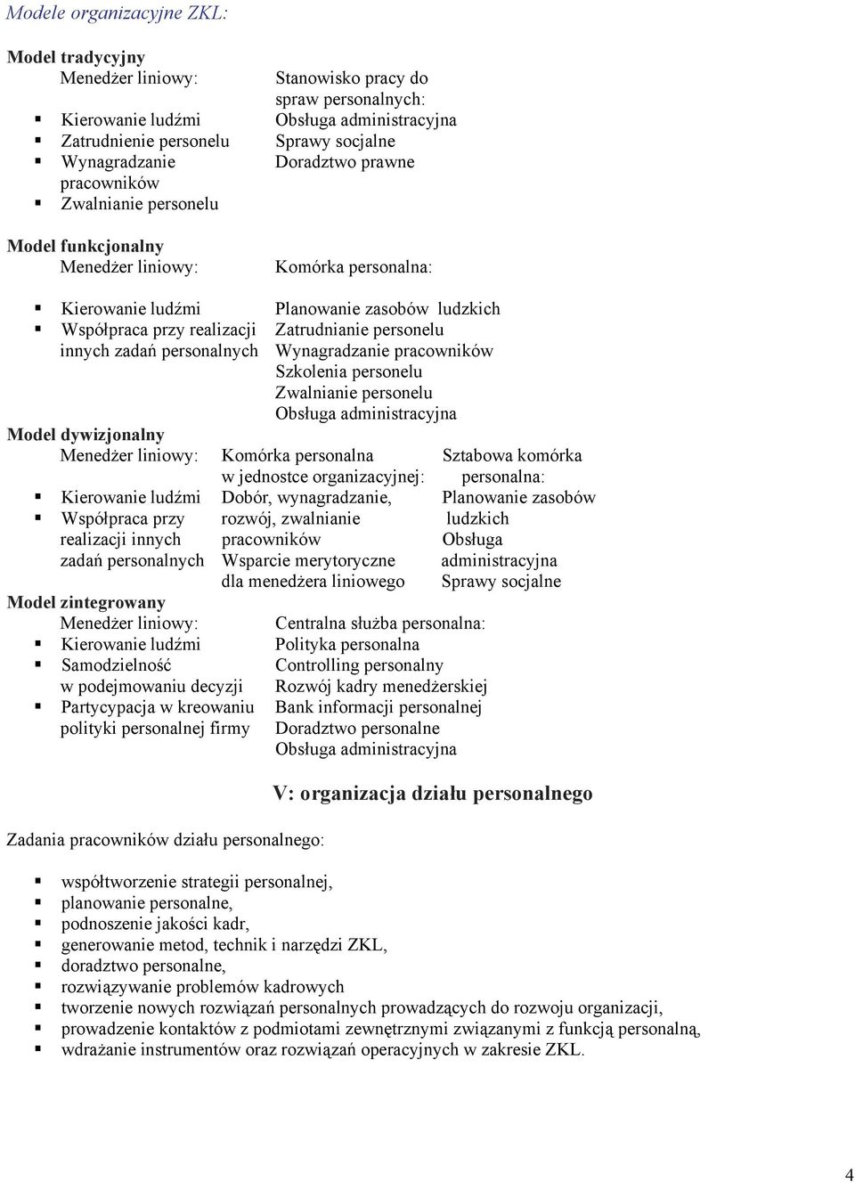 personelu innych zadań personalnych Wynagradzanie pracowników Szkolenia personelu Zwalnianie personelu Obsługa administracyjna Model dywizjonalny Menedżer liniowy: Komórka personalna Sztabowa komórka