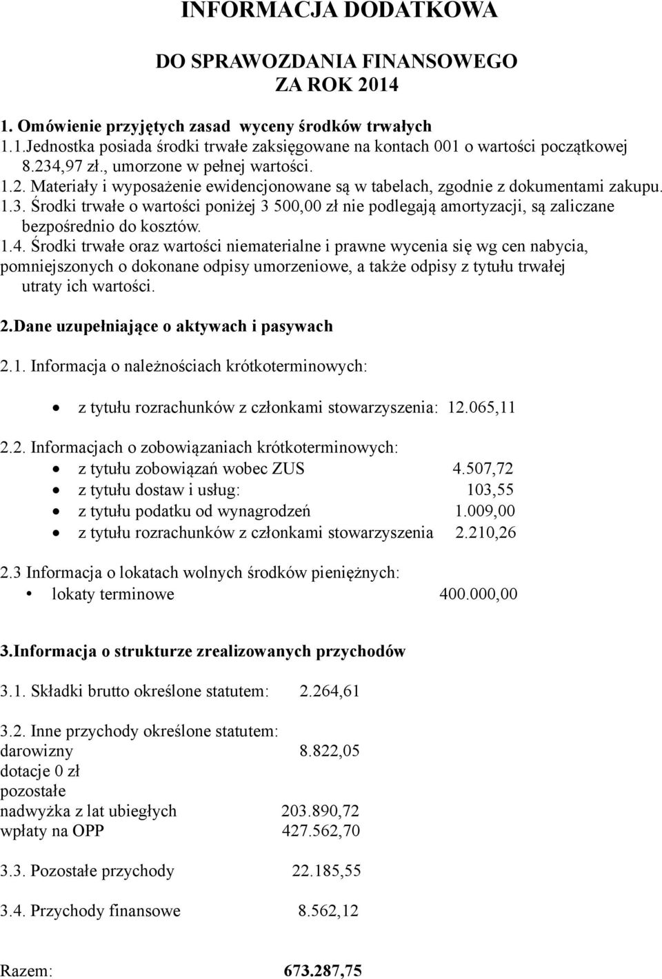 1.4. Środki trwałe oraz wartości niematerialne i prawne wycenia się wg cen nabycia, pomniejszonych o dokonane odpisy umorzeniowe, a także odpisy z tytułu trwałej utraty ich wartości. 2.