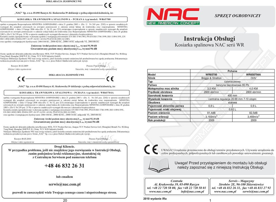 NAC. Instrukcja Obsługi Kosiarka spalinowa NAC serii WR NEW AMERICAN  CONCEPT SPRZĘT OGRODNICZY - PDF Darmowe pobieranie