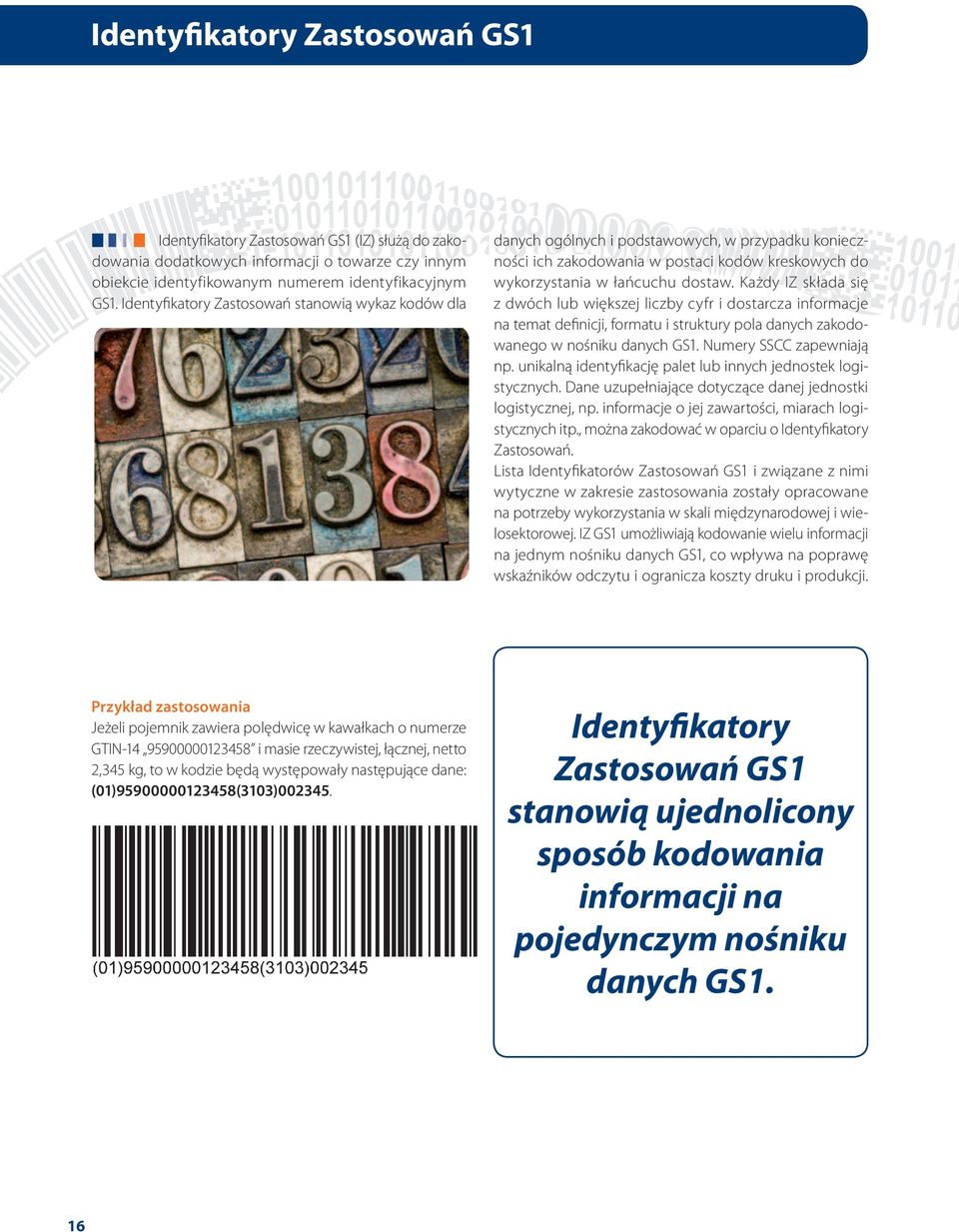 Każdy IZ składa się z dwóch lub większej liczby cyfr i dostarcza informacje na temat definicji, formatu i struktury pola danych zakodowanego w nośniku danych GS1. Numery SSCC zapewniają np.
