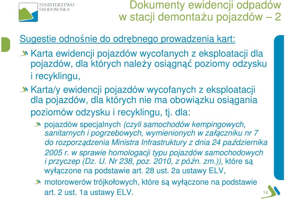 dla: pojazdów specjalnych (czyli samochodów kempingowych, sanitarnych i pogrzebowych, wymienionych w załączniku nr 7 do rozporządzenia Ministra Infrastruktury z dnia 24 października 2005 r.