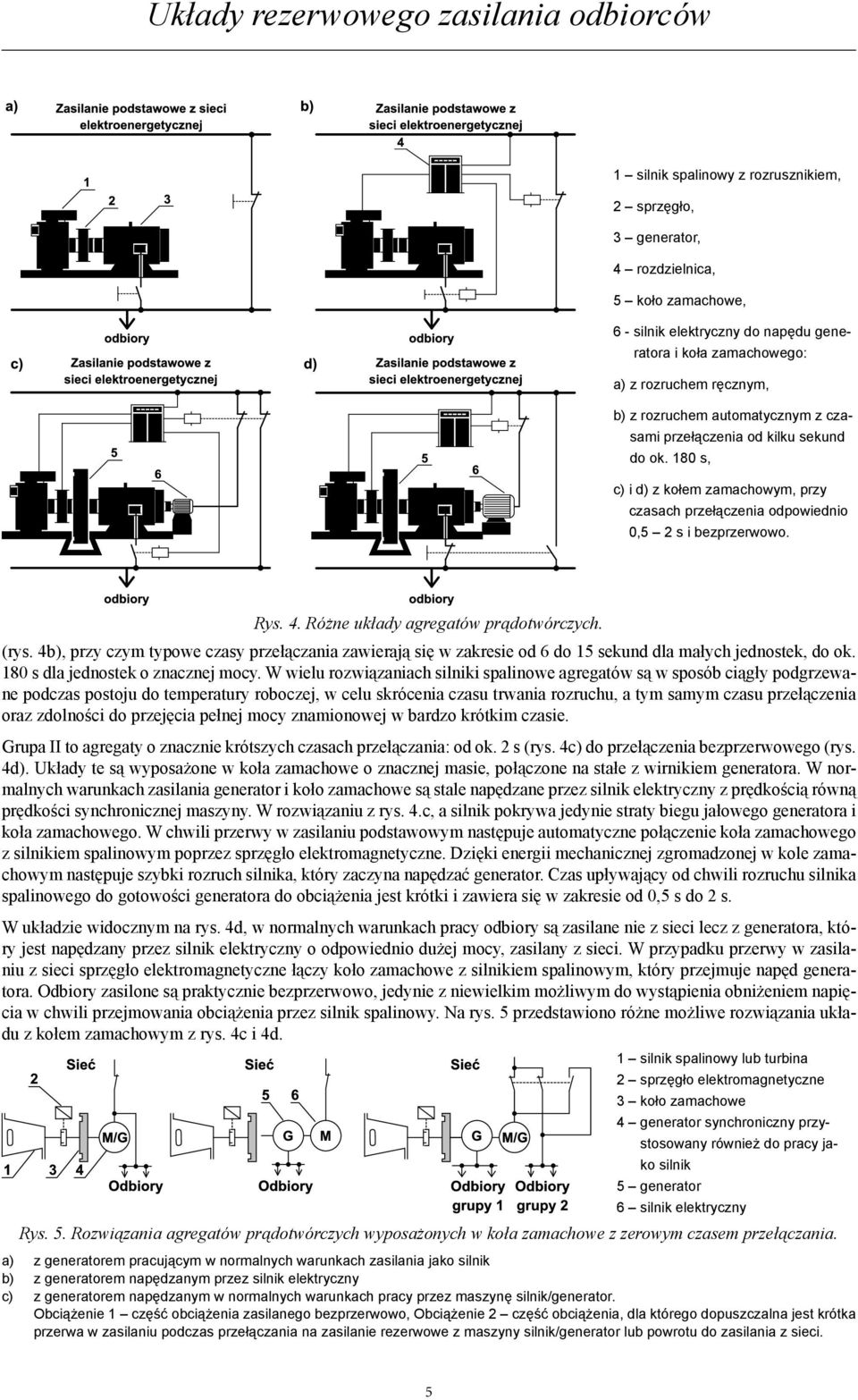 Różne układy agregatów prądotwórczych. (rys. 4b), przy czym typowe czasy przełączania zawierają się w zakresie od 6 do 15 sekund dla małych jednostek, do ok. 180 s dla jednostek o znacznej mocy.